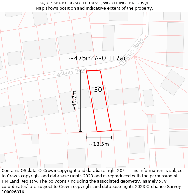 30, CISSBURY ROAD, FERRING, WORTHING, BN12 6QL: Plot and title map