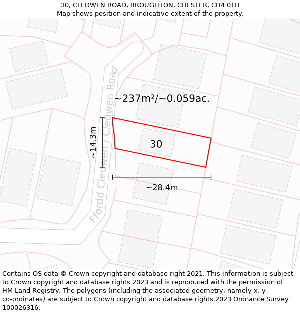 30, CLEDWEN ROAD, BROUGHTON, CHESTER, CH4 0TH: Plot and title map