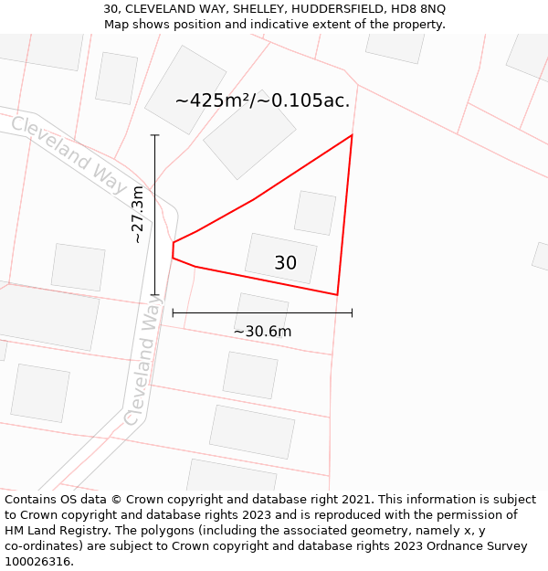 30, CLEVELAND WAY, SHELLEY, HUDDERSFIELD, HD8 8NQ: Plot and title map