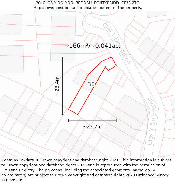 30, CLOS Y DOLYDD, BEDDAU, PONTYPRIDD, CF38 2TG: Plot and title map