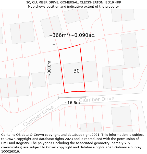 30, CLUMBER DRIVE, GOMERSAL, CLECKHEATON, BD19 4RP: Plot and title map