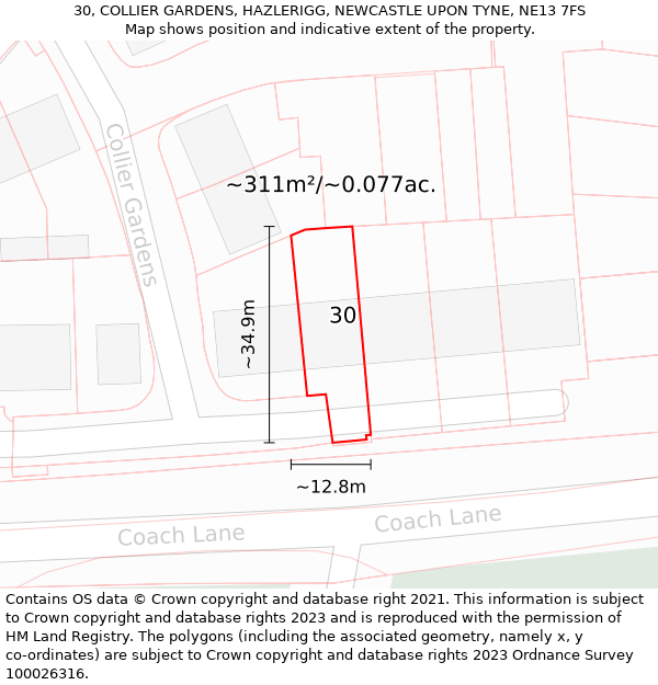 30, COLLIER GARDENS, HAZLERIGG, NEWCASTLE UPON TYNE, NE13 7FS: Plot and title map