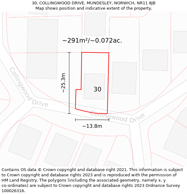 30, COLLINGWOOD DRIVE, MUNDESLEY, NORWICH, NR11 8JB: Plot and title map