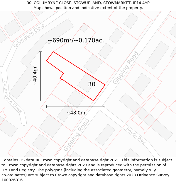 30, COLUMBYNE CLOSE, STOWUPLAND, STOWMARKET, IP14 4AP: Plot and title map