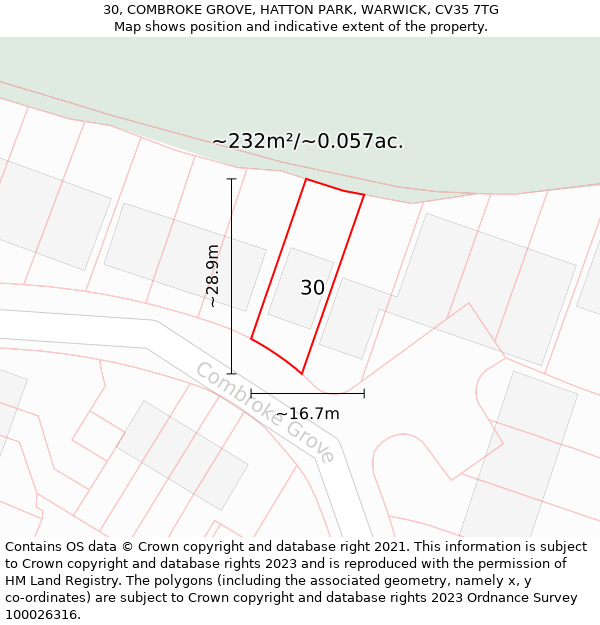 30, COMBROKE GROVE, HATTON PARK, WARWICK, CV35 7TG: Plot and title map