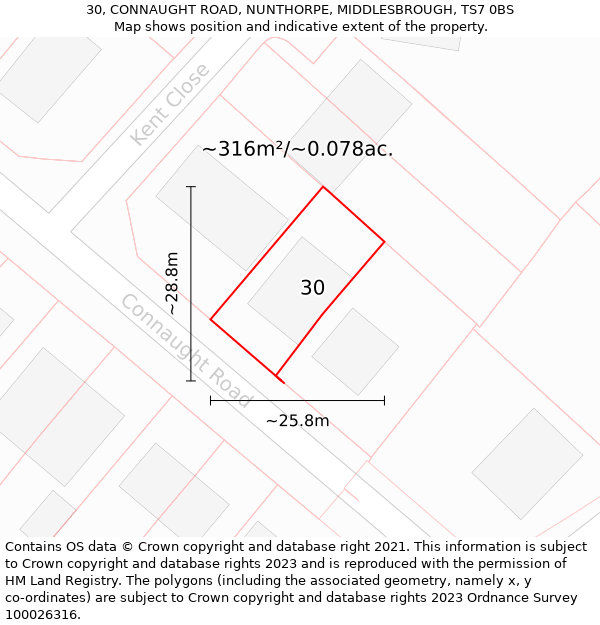 30, CONNAUGHT ROAD, NUNTHORPE, MIDDLESBROUGH, TS7 0BS: Plot and title map