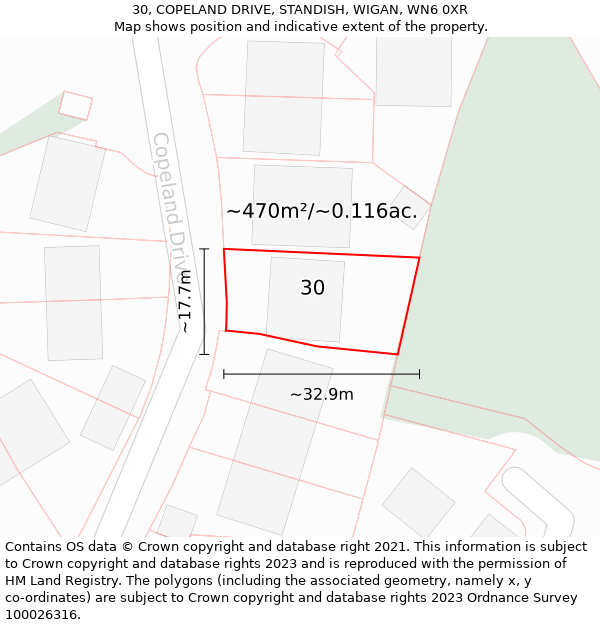 30, COPELAND DRIVE, STANDISH, WIGAN, WN6 0XR: Plot and title map