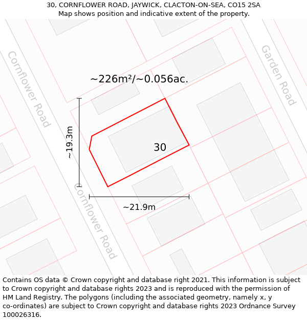 30, CORNFLOWER ROAD, JAYWICK, CLACTON-ON-SEA, CO15 2SA: Plot and title map