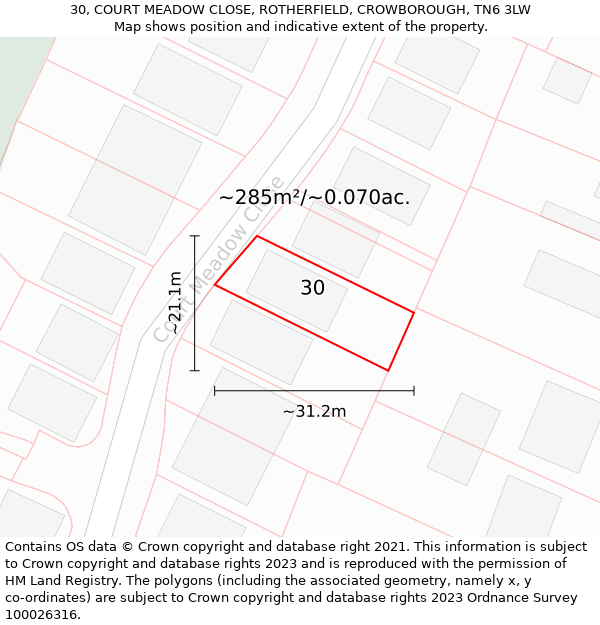 30, COURT MEADOW CLOSE, ROTHERFIELD, CROWBOROUGH, TN6 3LW: Plot and title map
