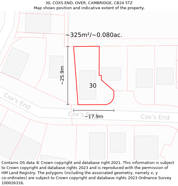 30, COXS END, OVER, CAMBRIDGE, CB24 5TZ: Plot and title map