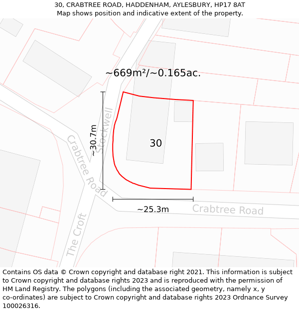 30, CRABTREE ROAD, HADDENHAM, AYLESBURY, HP17 8AT: Plot and title map