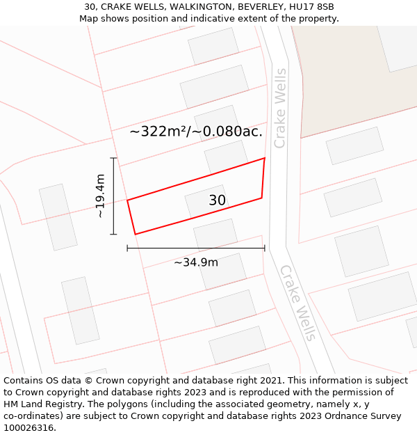 30, CRAKE WELLS, WALKINGTON, BEVERLEY, HU17 8SB: Plot and title map