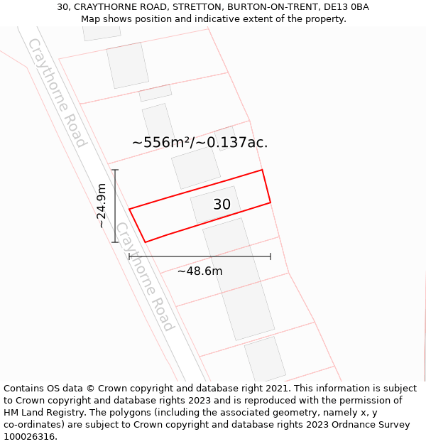 30, CRAYTHORNE ROAD, STRETTON, BURTON-ON-TRENT, DE13 0BA: Plot and title map