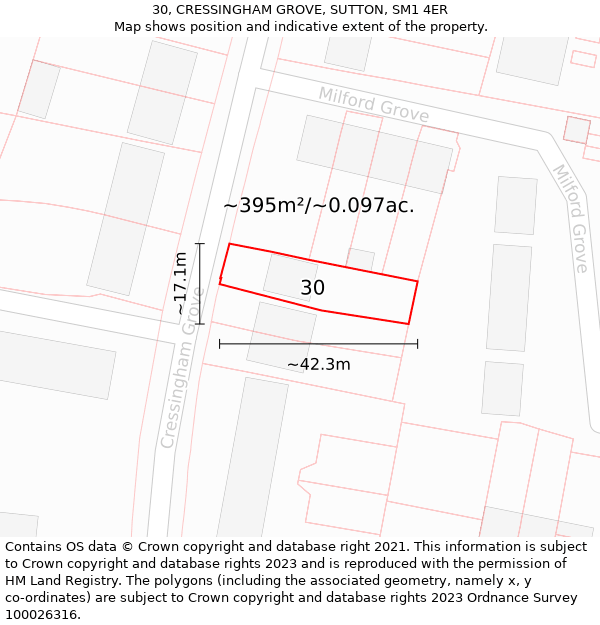 30, CRESSINGHAM GROVE, SUTTON, SM1 4ER: Plot and title map