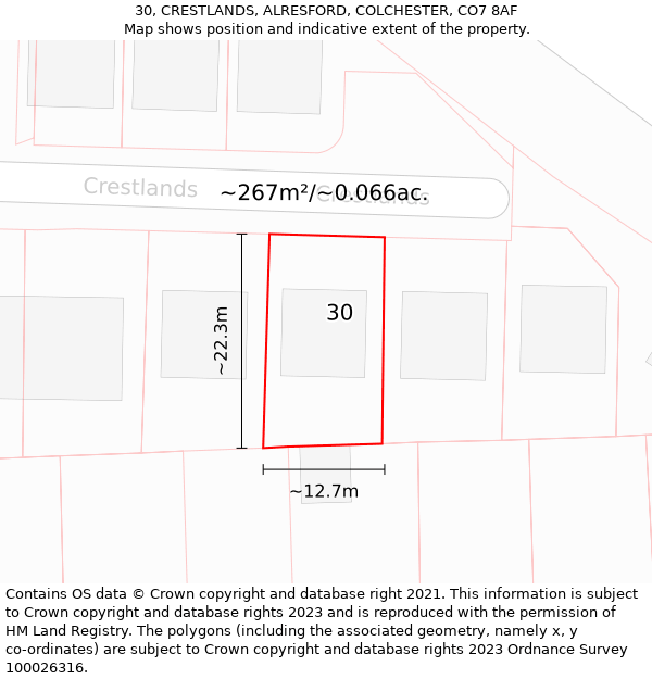 30, CRESTLANDS, ALRESFORD, COLCHESTER, CO7 8AF: Plot and title map