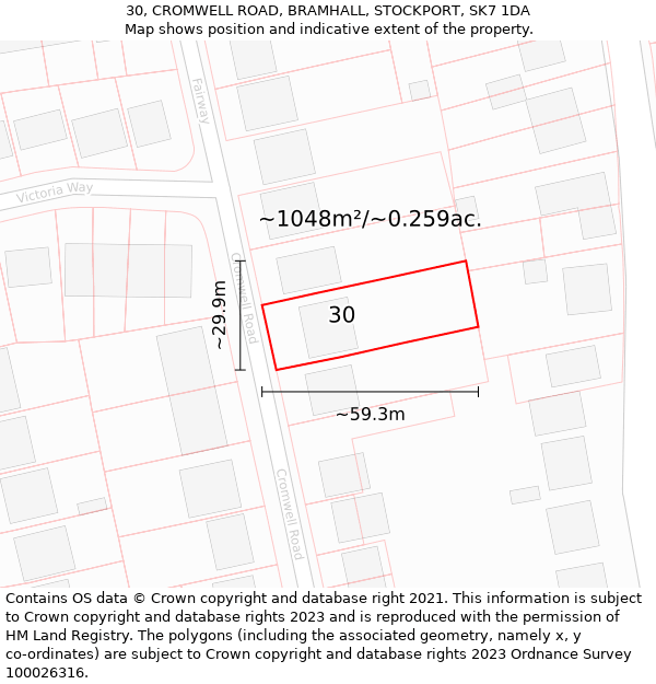 30, CROMWELL ROAD, BRAMHALL, STOCKPORT, SK7 1DA: Plot and title map