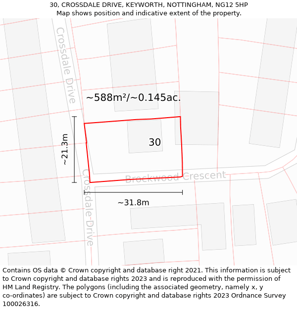 30, CROSSDALE DRIVE, KEYWORTH, NOTTINGHAM, NG12 5HP: Plot and title map