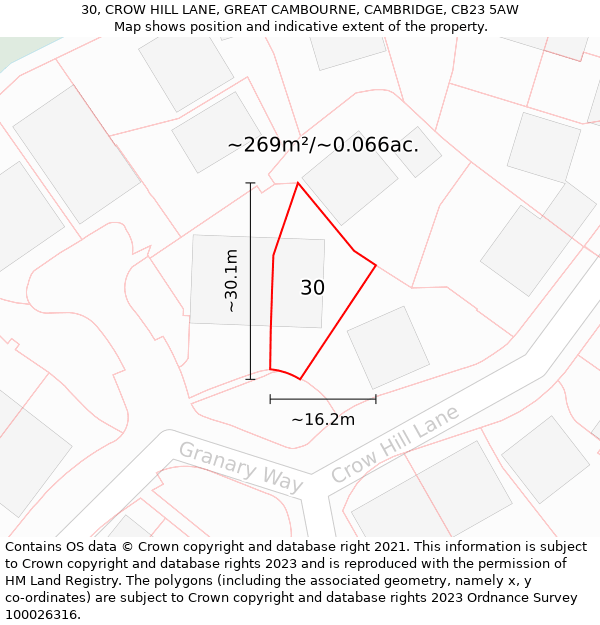 30, CROW HILL LANE, GREAT CAMBOURNE, CAMBRIDGE, CB23 5AW: Plot and title map