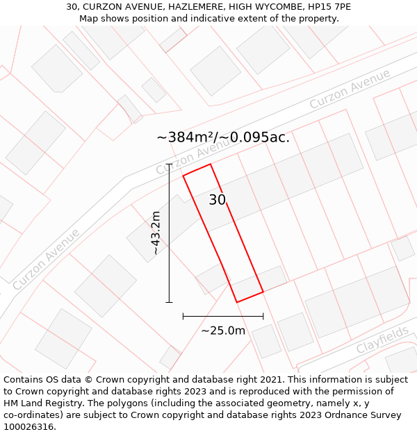 30, CURZON AVENUE, HAZLEMERE, HIGH WYCOMBE, HP15 7PE: Plot and title map