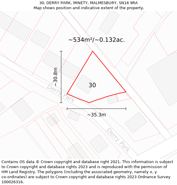 30, DERRY PARK, MINETY, MALMESBURY, SN16 9RA: Plot and title map