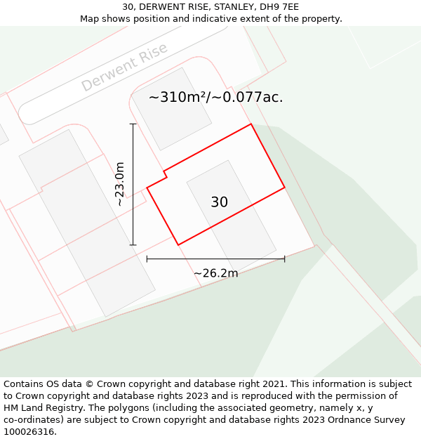 30, DERWENT RISE, STANLEY, DH9 7EE: Plot and title map