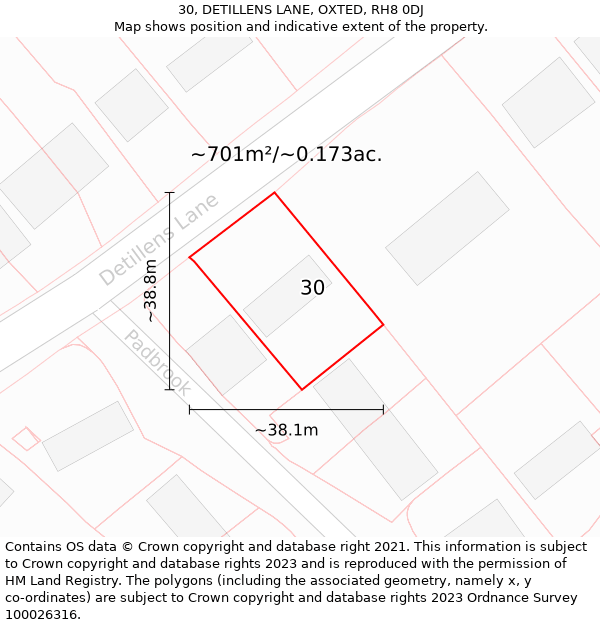 30, DETILLENS LANE, OXTED, RH8 0DJ: Plot and title map