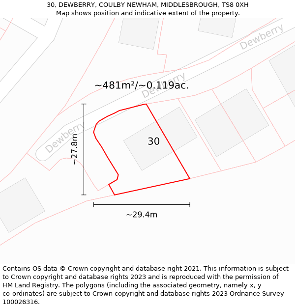 30, DEWBERRY, COULBY NEWHAM, MIDDLESBROUGH, TS8 0XH: Plot and title map