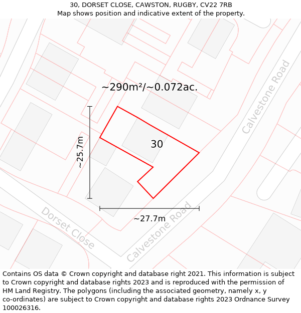 30, DORSET CLOSE, CAWSTON, RUGBY, CV22 7RB: Plot and title map