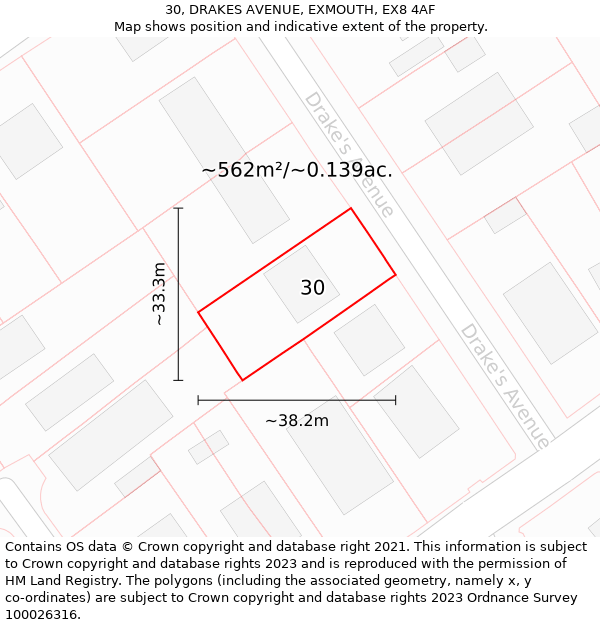 30, DRAKES AVENUE, EXMOUTH, EX8 4AF: Plot and title map