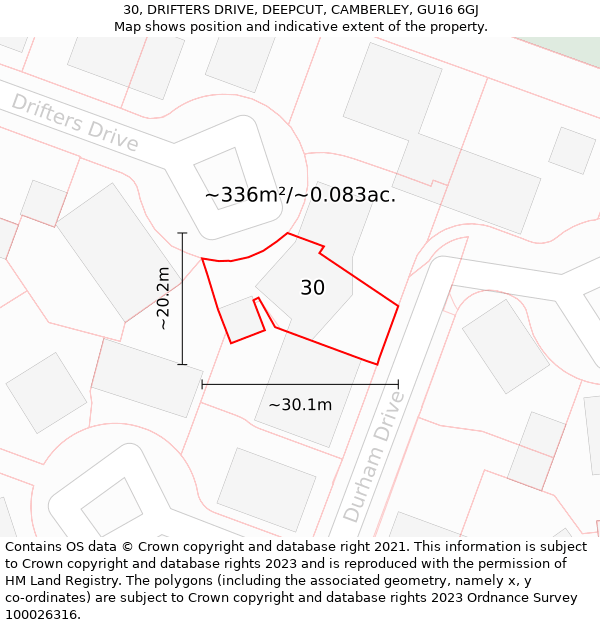 30, DRIFTERS DRIVE, DEEPCUT, CAMBERLEY, GU16 6GJ: Plot and title map