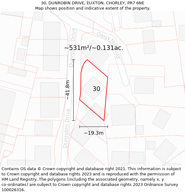 30, DUNROBIN DRIVE, EUXTON, CHORLEY, PR7 6NE: Plot and title map