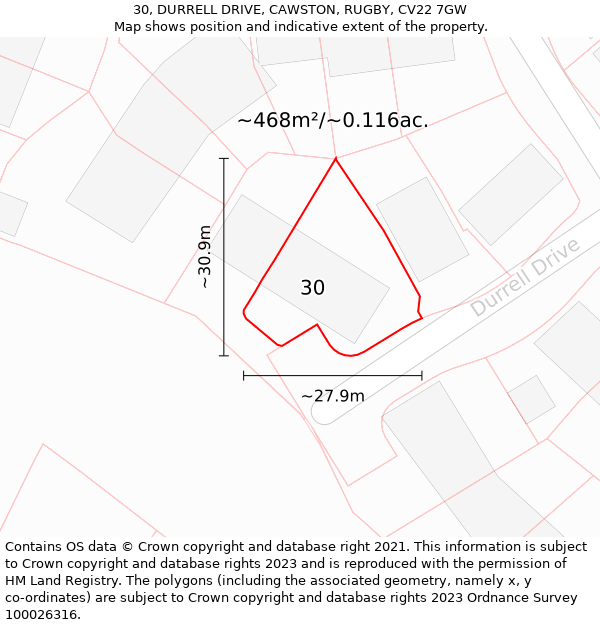 30, DURRELL DRIVE, CAWSTON, RUGBY, CV22 7GW: Plot and title map