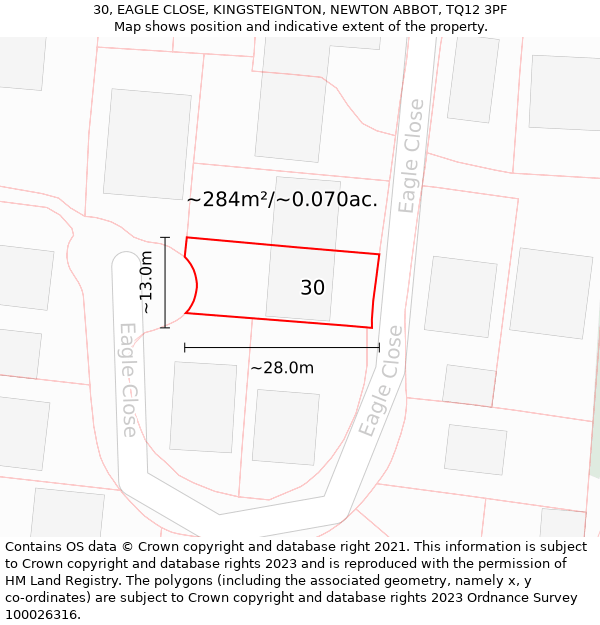 30, EAGLE CLOSE, KINGSTEIGNTON, NEWTON ABBOT, TQ12 3PF: Plot and title map