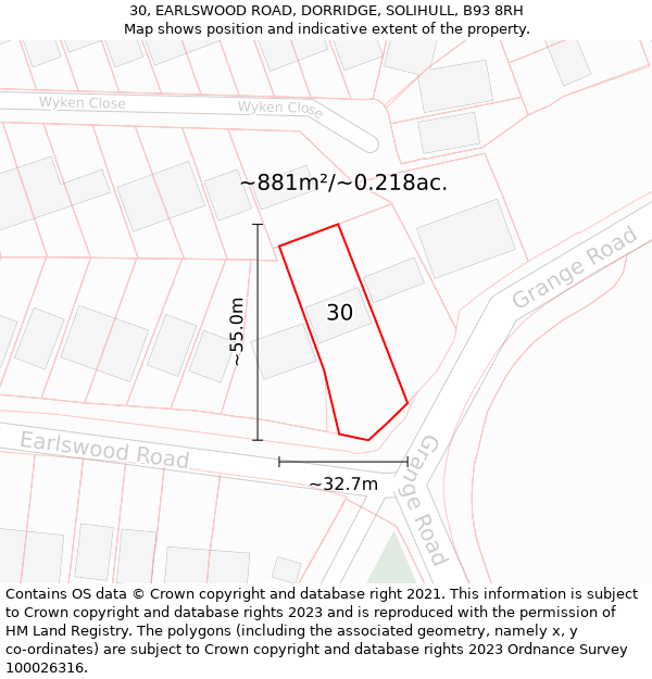 30, EARLSWOOD ROAD, DORRIDGE, SOLIHULL, B93 8RH: Plot and title map