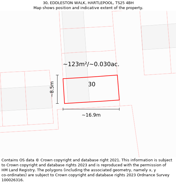 30, EDDLESTON WALK, HARTLEPOOL, TS25 4BH: Plot and title map