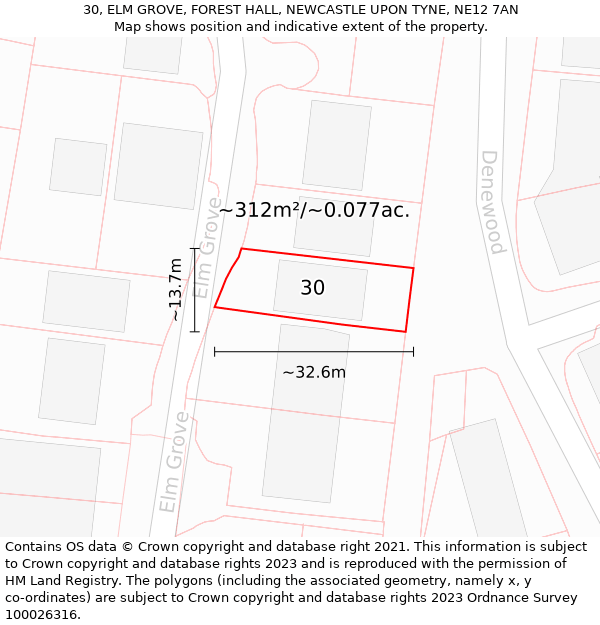 30, ELM GROVE, FOREST HALL, NEWCASTLE UPON TYNE, NE12 7AN: Plot and title map