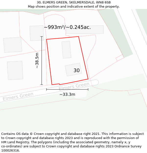 30, ELMERS GREEN, SKELMERSDALE, WN8 6SB: Plot and title map