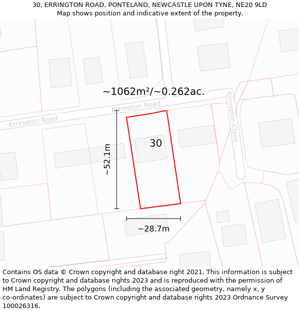 30, ERRINGTON ROAD, PONTELAND, NEWCASTLE UPON TYNE, NE20 9LD: Plot and title map