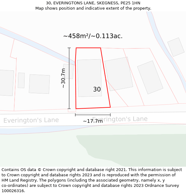 30, EVERINGTONS LANE, SKEGNESS, PE25 1HN: Plot and title map