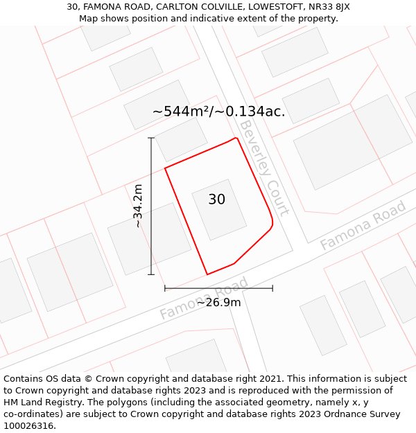 30, FAMONA ROAD, CARLTON COLVILLE, LOWESTOFT, NR33 8JX: Plot and title map