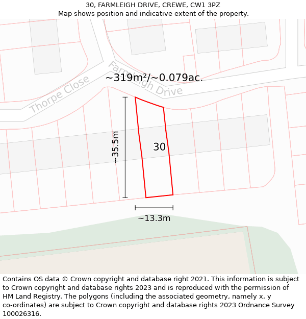 30, FARMLEIGH DRIVE, CREWE, CW1 3PZ: Plot and title map