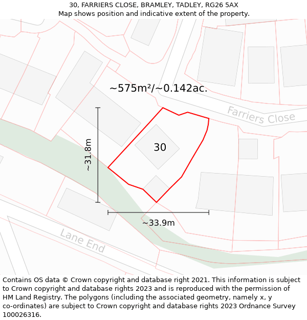 30, FARRIERS CLOSE, BRAMLEY, TADLEY, RG26 5AX: Plot and title map