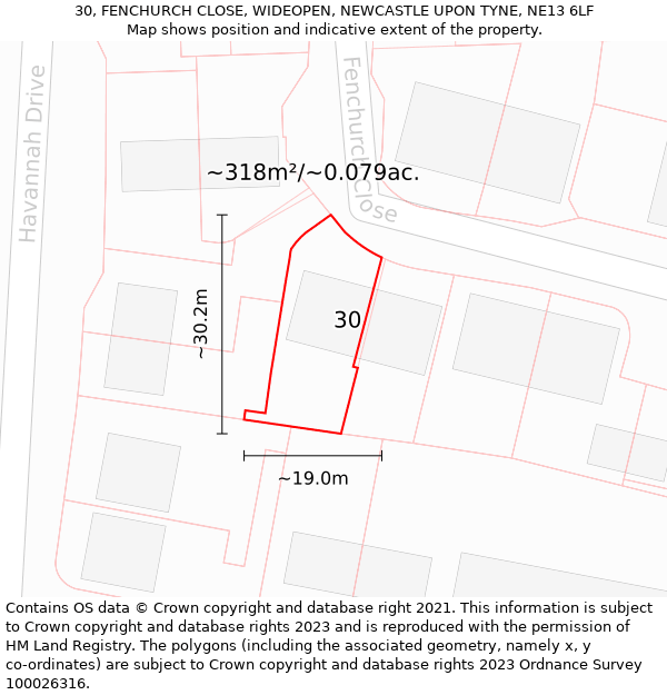 30, FENCHURCH CLOSE, WIDEOPEN, NEWCASTLE UPON TYNE, NE13 6LF: Plot and title map