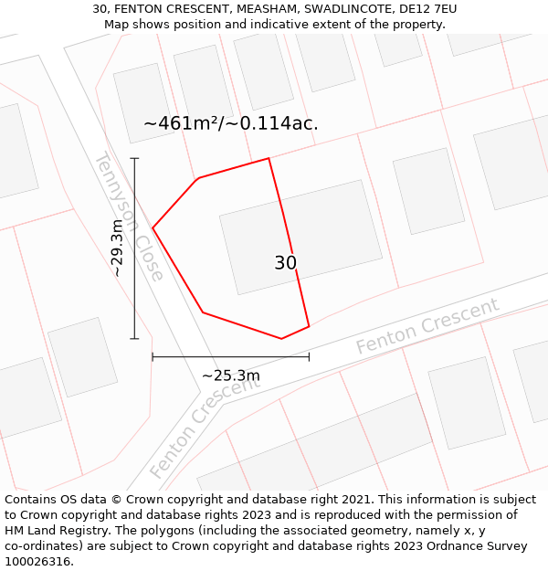 30, FENTON CRESCENT, MEASHAM, SWADLINCOTE, DE12 7EU: Plot and title map