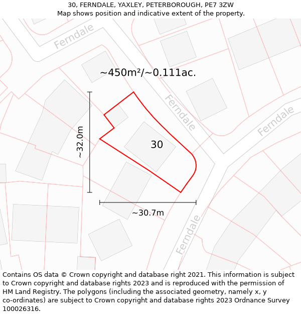 30, FERNDALE, YAXLEY, PETERBOROUGH, PE7 3ZW: Plot and title map