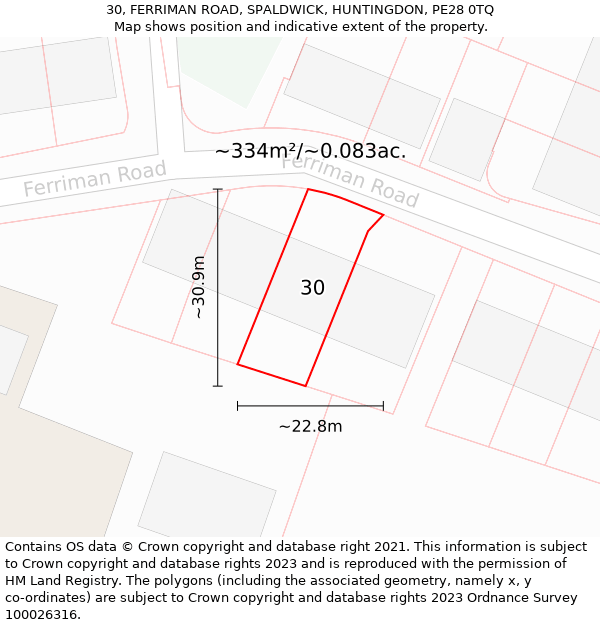 30, FERRIMAN ROAD, SPALDWICK, HUNTINGDON, PE28 0TQ: Plot and title map