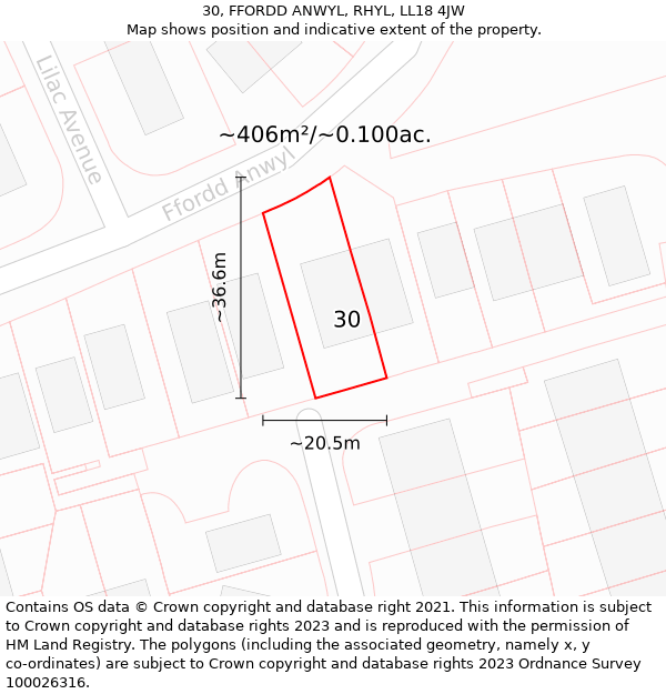 30, FFORDD ANWYL, RHYL, LL18 4JW: Plot and title map