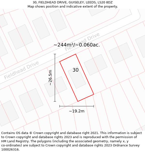 30, FIELDHEAD DRIVE, GUISELEY, LEEDS, LS20 8DZ: Plot and title map