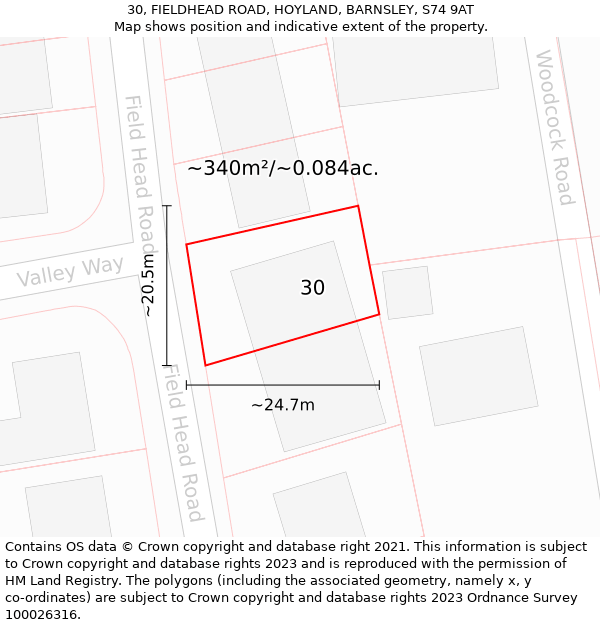 30, FIELDHEAD ROAD, HOYLAND, BARNSLEY, S74 9AT: Plot and title map