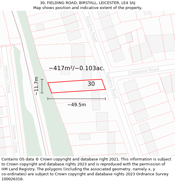 30, FIELDING ROAD, BIRSTALL, LEICESTER, LE4 3AJ: Plot and title map